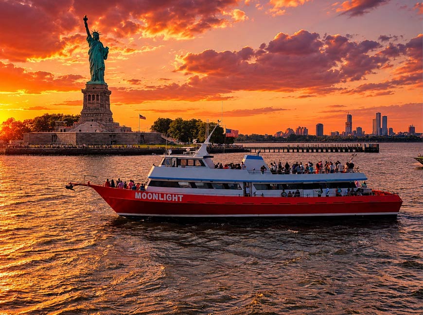 Guests enjoying a sunset Manhattan Scenic Cruises experience on New York Harbor.